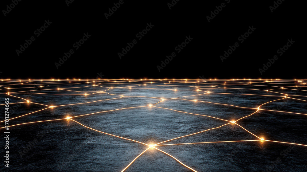 Poster glowing network of interconnected lines on dark surface creates futuristic atmosphere