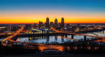 Fototapeta premium Glowing skyline, Kansas city illuminated at dusk, capturing city charm