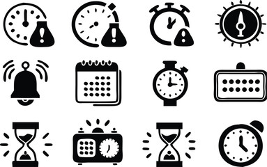 Time management and alert icons in black and white 
