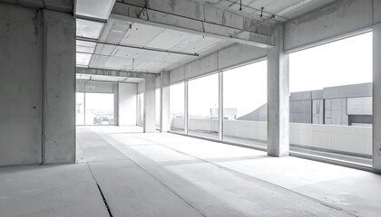 An empty, modern office space under construction, featuring large windows, concrete walls, and exposed beams, showcasing a minimalist, neutral aesthetic.