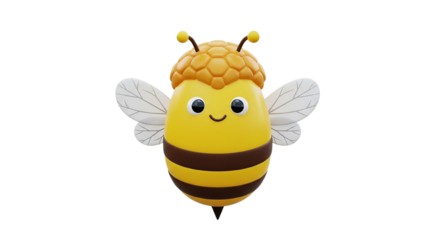 Funny cartoon bee with yellow and black stripes flying happily near a sweet flower, isolated on white