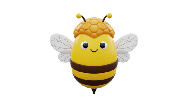 Funny cartoon bee with yellow and black stripes flying happily near a sweet flower, isolated on white