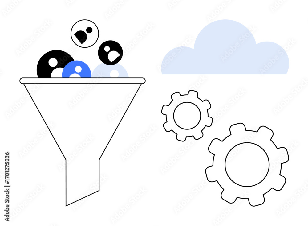 Poster funnel guiding elements into gears with cloud icon above, symbolizing data filtering, automation, op