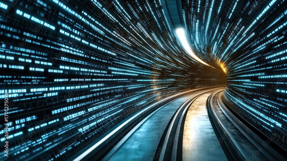 Poster digital tunnel with glowing data streams creates futuristic atmosphere of speed and technology