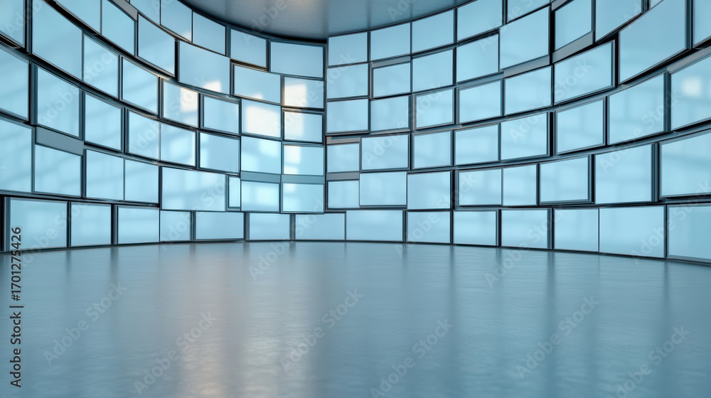 Poster modern digital room with multiple screens displaying blue light
