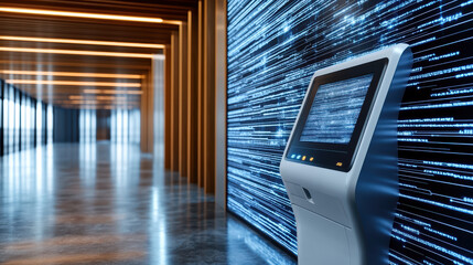 Futuristic kiosk in modern hallway with digital screens displaying data streams