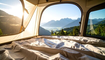 Camping tent with a beautiful mountain view.