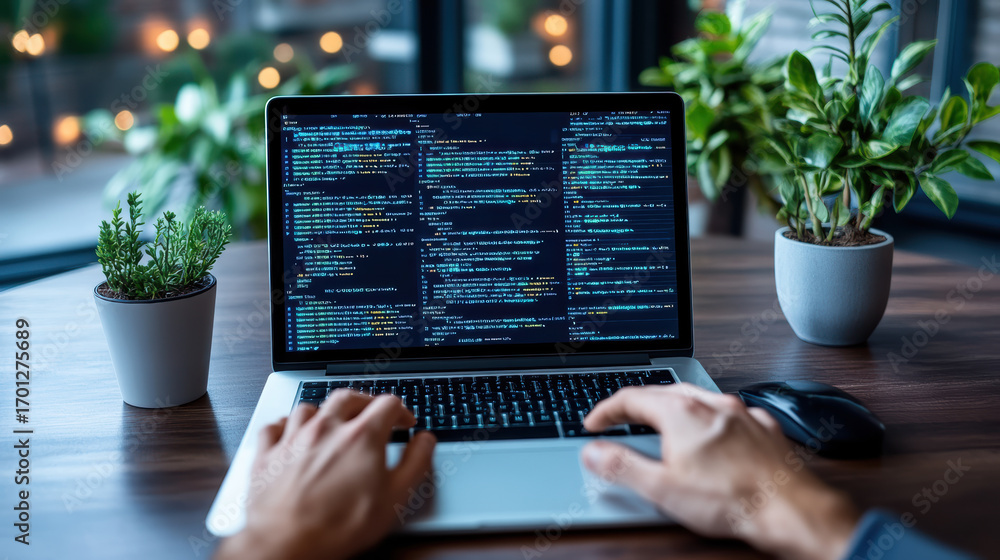 Poster dark desk setup features laptop displaying code, with plants nearby, creating focused atmosphere