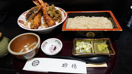 Delicious Japanese Ten-don (Tempura Rice Bowl) and Zaru Soba Set Meal