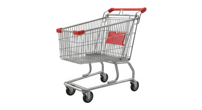 3d rendered metal shopping cart with red accents detailed product photography for retail and e-commerce concepts transparent background