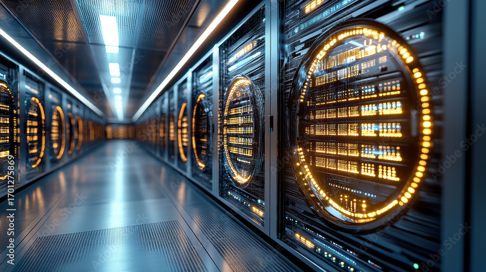Poster high tech data center with illuminated server racks and glowing circuits