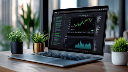 Sleek laptop displaying dark mode UI dashboard for portfolio management, featuring financial