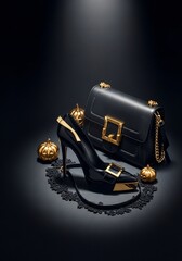 Elegant Black High Heels and Shoulder Bag with Gold Accents Halloween Fashion Still Life