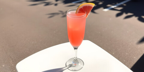 Tall glass of vibrant pink grapefruit cocktail on a white chair with sunlight and shadows on a parking area background