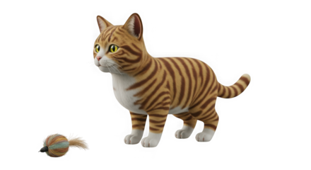 Adorable tabby cat figurine standing near tiny mouse toy detailed realistic sculpture for pet lovers and home decor transparent background