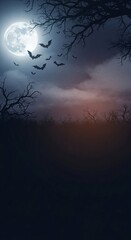 Fototapeta premium Spooky Halloween Night Scene Full Moon Bats and Silhouette Trees