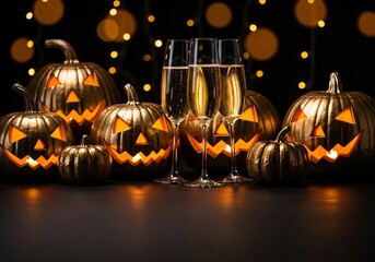 Spooky Halloween Celebration Gold Pumpkins Champagne Flutes Festive Lights