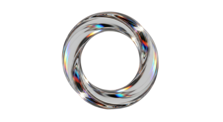 Iridescent Glass Ring with Reflective Surface and Rainbow Highlights.