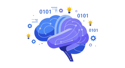 Illuminated digital brain with binary code and ideas surrounding it representing artificial intelligence and innovation transparent background
