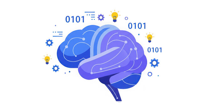 Illuminated digital brain with binary code and ideas surrounding it representing artificial intelligence and innovation transparent background - Powered by Adobe