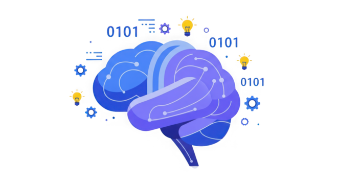 Illuminated digital brain with binary code and ideas surrounding it representing artificial intelligence and innovation transparent background