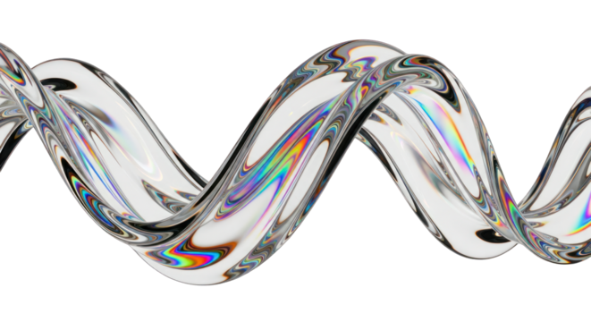 Iridescent Glass Wave with Rainbow Reflections on White Background.