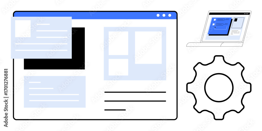 Poster website layout with text and image modules, laptop displaying ui screen, gear element signifying set