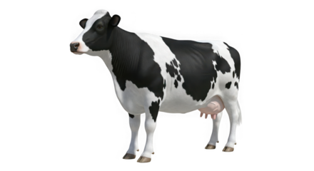 Realistic 3d render of a holstein cow standing profile facing left showing black and white patches transparent background