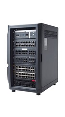 Fototapeta premium A dark gray network switch cabinet, meticulously arranged, showcasing rows of network equipment.