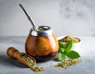 A wooden scoop and bombilla straw sit beside a gourd-shaped yerba mate container, filled with dried yerba mate leaves.