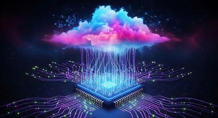 Futuristic Digital Cloud Computing Network with Glowing CPU and Data Streams.