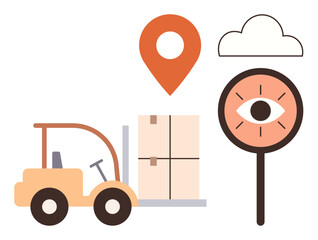 Forklift carrying containers, location marker, cloud, and monitoring symbol representing logistics, delivery, supply chain, warehouse, transportation, freight management and tracking in simple flat