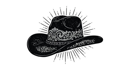 a cowboy hat with intricate designs and radiant lines