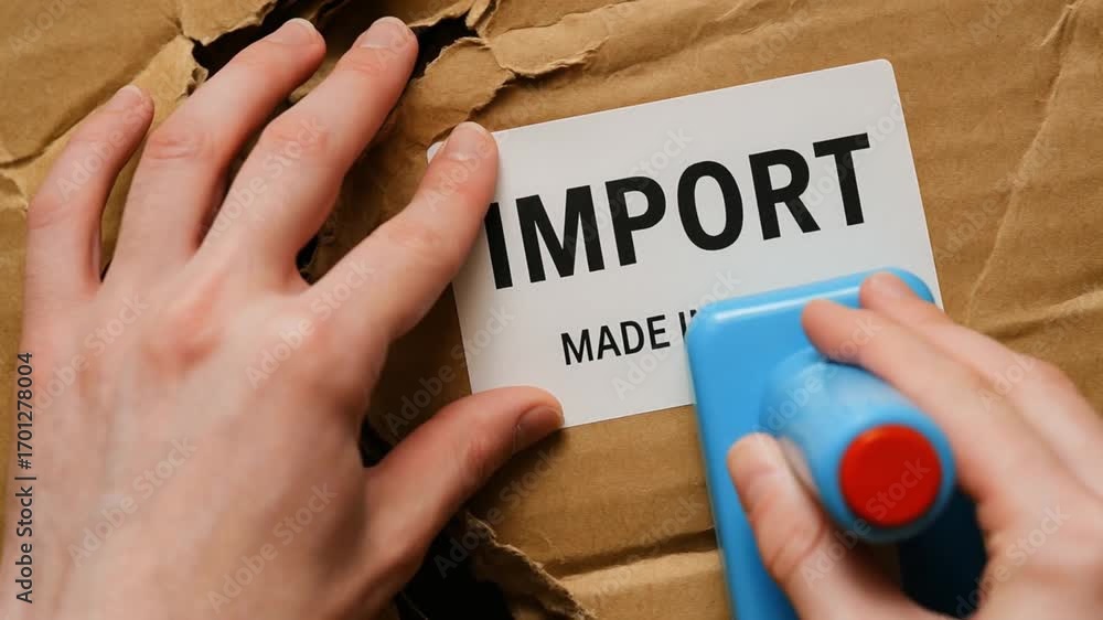 Poster import duty policy impact concept. torn box label displaying 