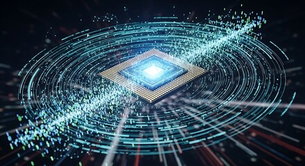 Futuristic Microchip with Binary Data Streams and Glowing Core.