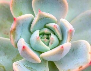 Close-up view of a succulent plant's rosette, showcasing delicate pastel tones and intricate details.