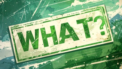 A bold, vintage-style graphic featuring the words "WHAT?" in a distressed green font against a backdrop of textured, teal-green colors.