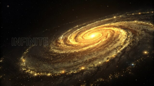 Majestic Spiral Galaxy with Golden Stars Illuminating the Dark Cosmic Space in an Enigmatic Night Sky