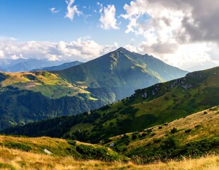 Obraz premium A sweeping vista of rolling hills and peaks under a vibrant sky, showcasing a picturesque mountain landscape bathed in sunlight.