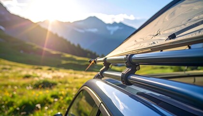 Car roof rack with mountain backdrop at sunrise, adventure travel.