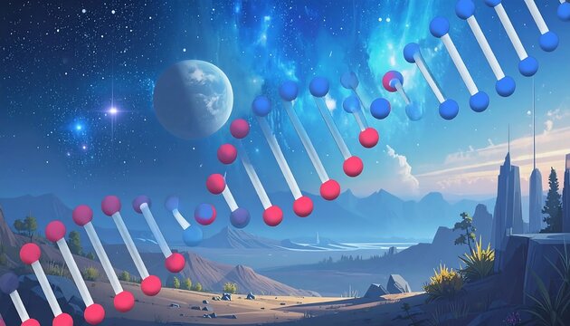 Futuristic landscape with DNA double helix