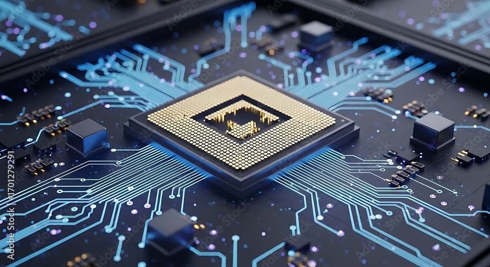 Poster hightech golden cpu on dark circuit board with luminous blue traces and digital bokeh.