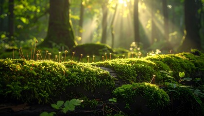 Fototapeta premium Sunlight streams through a lush forest, illuminating vibrant moss and tiny fungi growing on a fallen log.