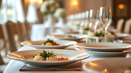 Fototapeta premium Elegant plated dishes on a banquet table, featuring warm ambient lighting and shallow depth of field.