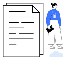 Documents with text lines beside a professional woman holding a clipboard. Ideal for teamwork, documentation, organization, planning, project management, business roles, simple flat metaphor