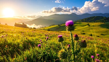A vibrant hillside meadow bursts with wildflowers under a radiant sunset, showcasing a picturesque mountain landscape.