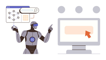 AI robot with virtual interface searches and analyzes data desktop screen with interaction pointer. Ideal for artificial intelligence, machine learning, innovation, automation, data processing