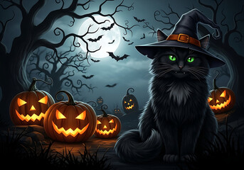A mystical black cat with glowing green eyes wears a witch hat, sitting among carved pumpkins under a full moon with flying bats in a spooky Halloween night scene.
