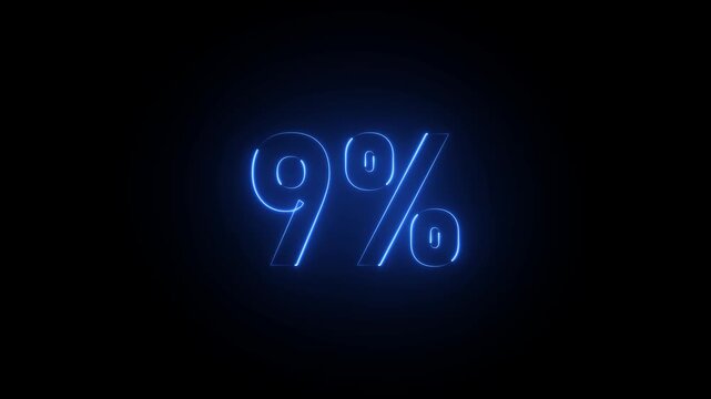 Blue neon 9 percent sign on black background nine percent