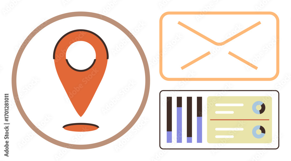 Poster map pin inside circle, envelope, and data chart panels representing location, messaging, and statist